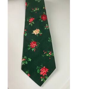 Tango by Max Raab Christmas Tie Green Poinsettia Holly Print Made in USA Cotton